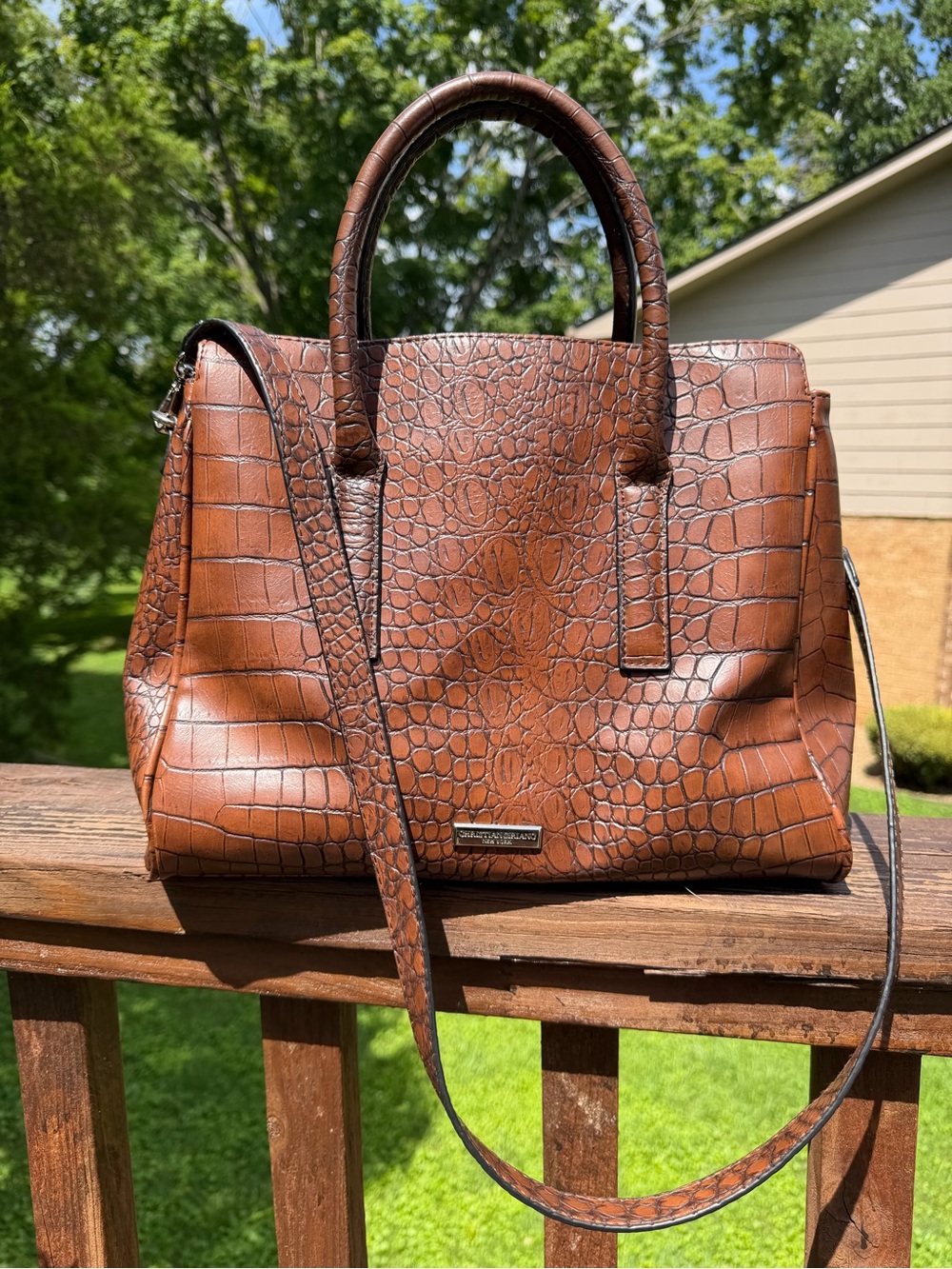 Brown Croc-Embossed Women’s Satchel Handbag Christian Siriano